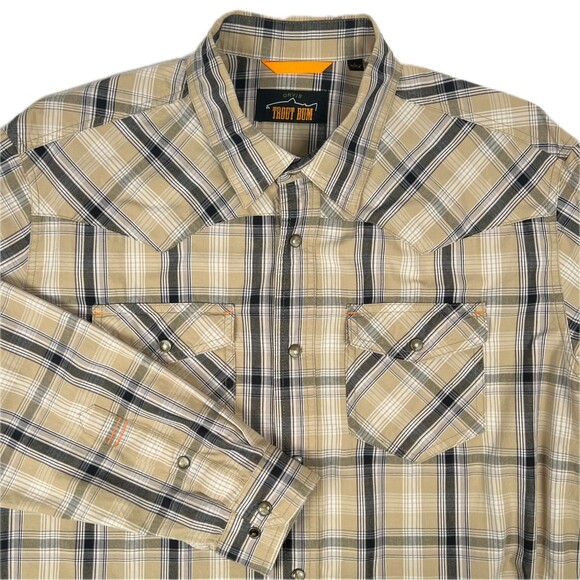 Orvis Trout Bum Sz Mens L Long-Sleeve Snap Western Fishing Shirt Tan Blk Striped - Picture 1 of 14